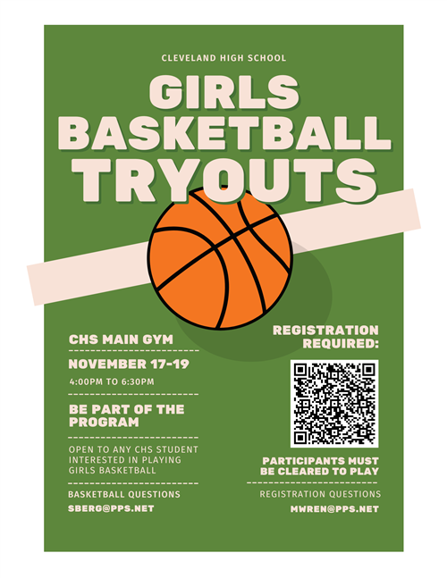 Girls Basketball Tryout information and QR Code
